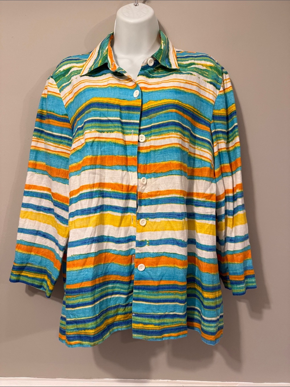Jones New York 100% Linen Striped Button-Down Shirt in Teal, Yellow & Orange